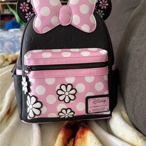 Loungefly Pink and White Polka Dot Mini Backpack with Black Accents